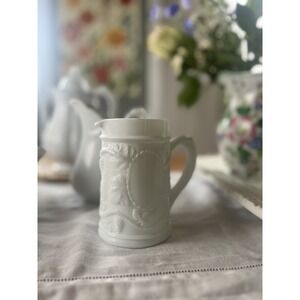 White Milk Glass Pitcher Vintage Medallion And Grape Vine